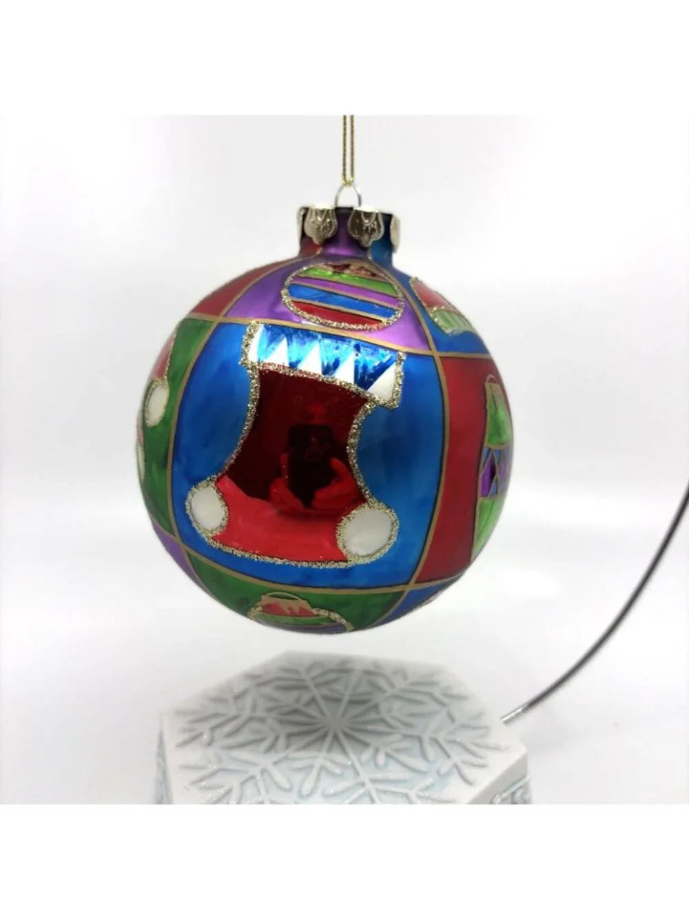 Vtg Komozja Joy to the World Glitterazzi Hand Painted Polish Glass Ball Ornament